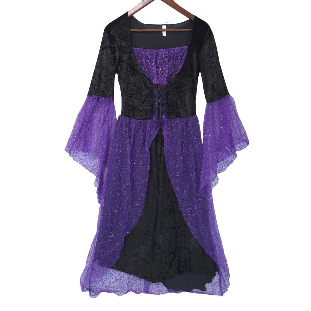 Halloween Witch Costume Gown S/M Purple Black Velvet Mesh Bell Sleeve Lace Up